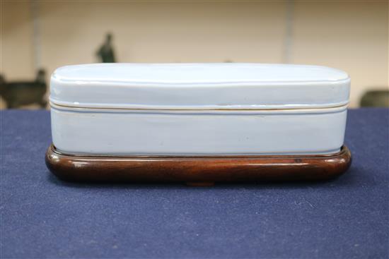 A Chinese Claire-de-Lune glazed scribes box and cover, 19th /20th century, 22cm, wood stand